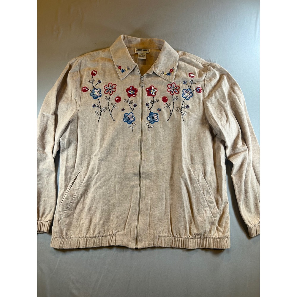 Alfred Dunner Womens Tan Floral Embroidered Cotton Zip Up Jacket Star Pull Sz 10